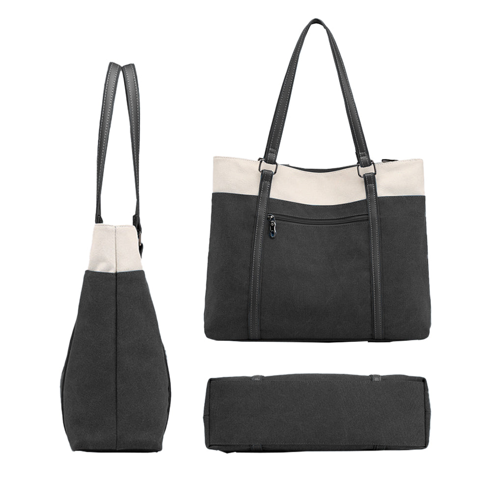 Women Laptop Tote Bag Canvas Handbag 15.6 Inch Work Shoulder Bag - Black