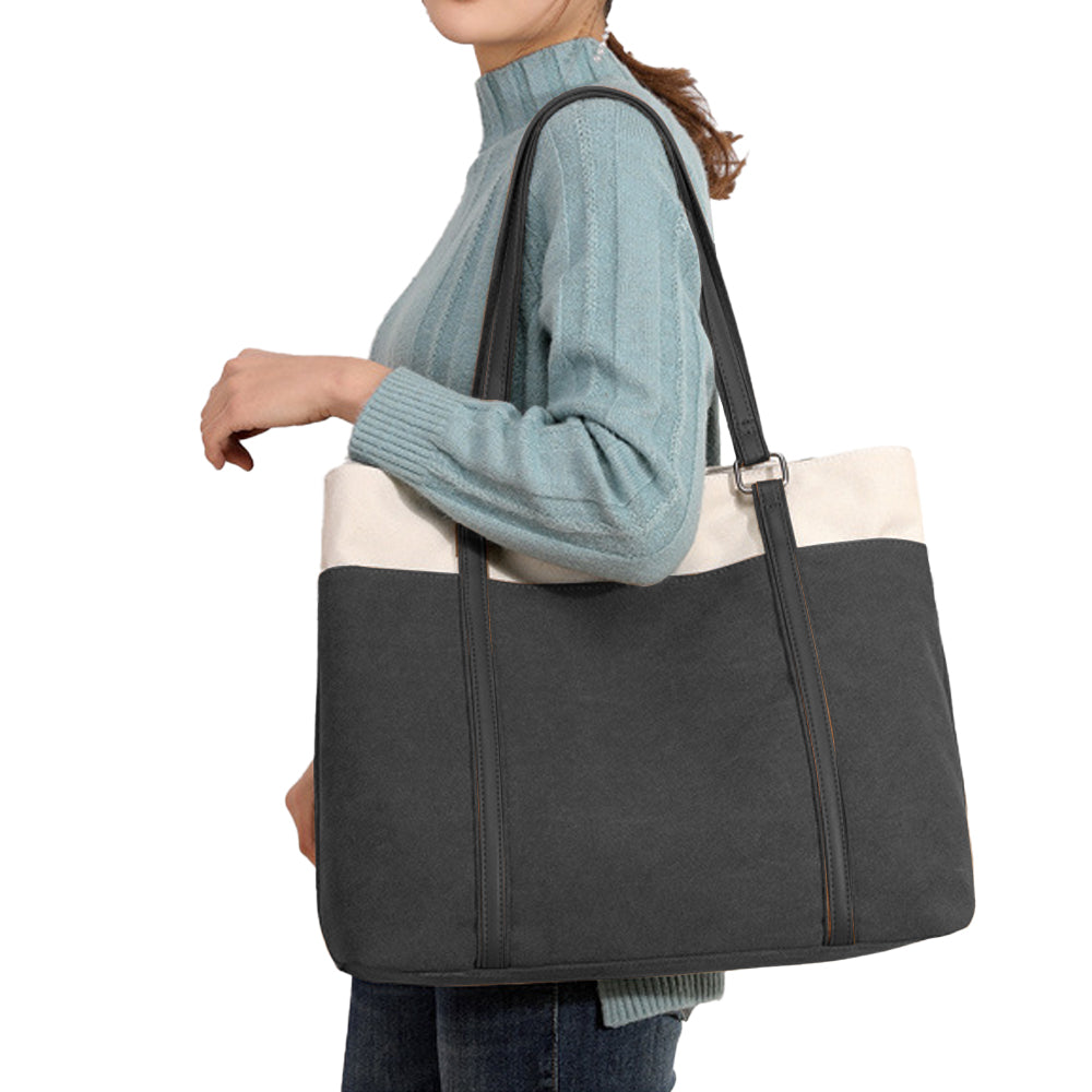 Women Laptop Tote Bag Canvas Handbag 15.6 Inch Work Shoulder Bag - Black