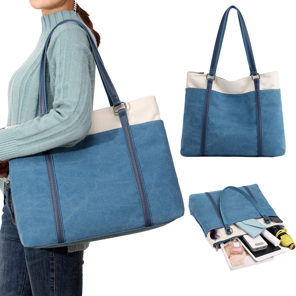 Women Laptop Tote Bag Canvas Handbag 15.6 Inch Work Shoulder Bag - Blue