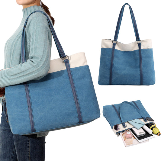Women Laptop Tote Bag Canvas Handbag 15.6 Inch Work Shoulder Bag - Blue