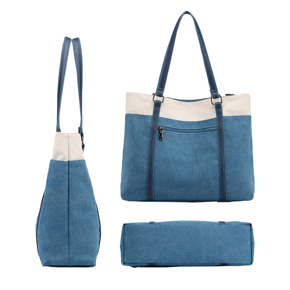 Women Laptop Tote Bag Canvas Handbag 15.6 Inch Work Shoulder Bag - Blue