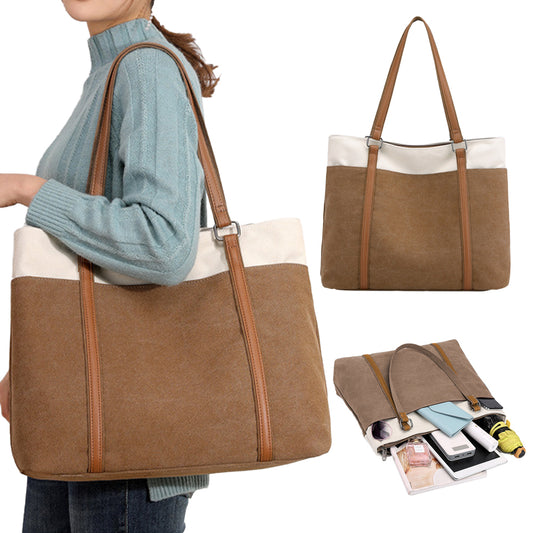 Women Laptop Tote Bag Canvas Handbag 15.6 Inch Work Shoulder Bag - Brown