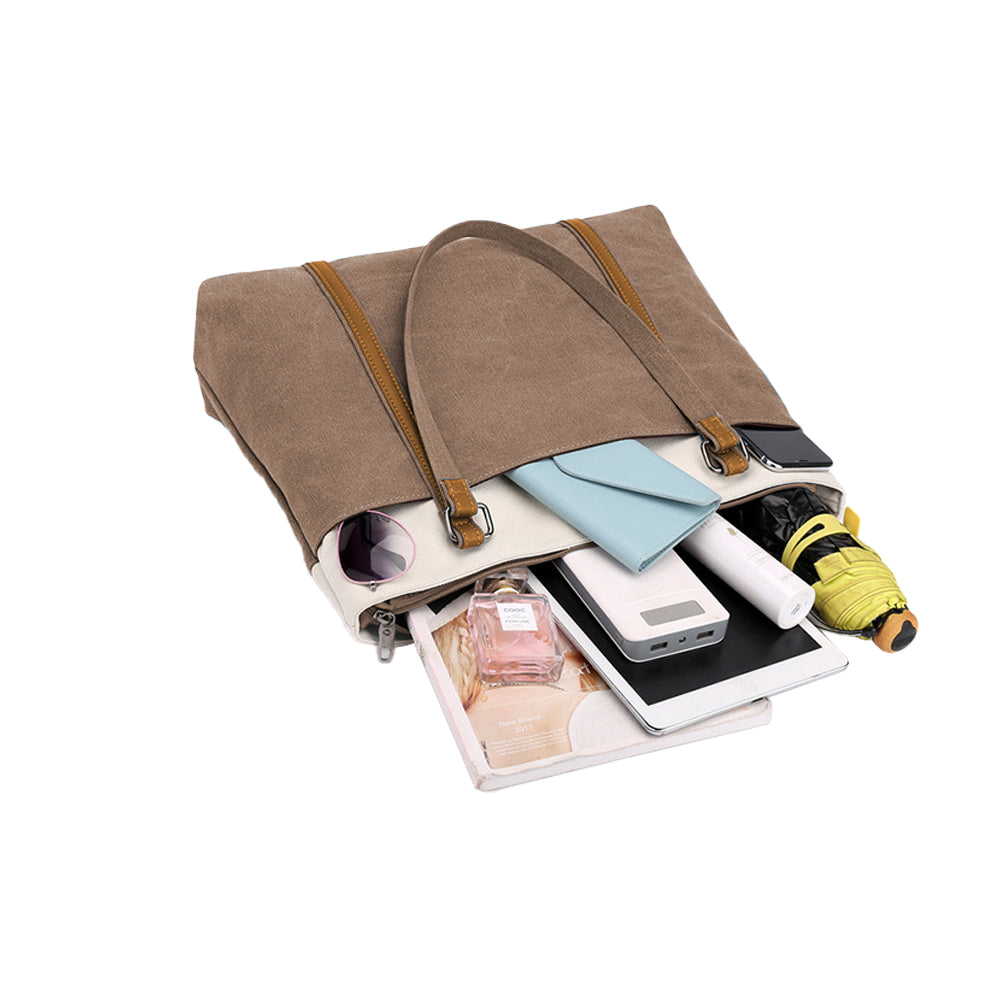 Women Laptop Tote Bag Canvas Handbag 15.6 Inch Work Shoulder Bag - Brown