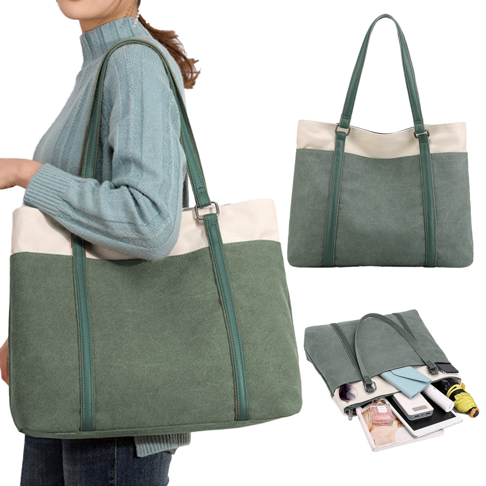 Women Laptop Tote Bag Canvas Handbag 15.6 Inch Work Shoulder Bag - Green