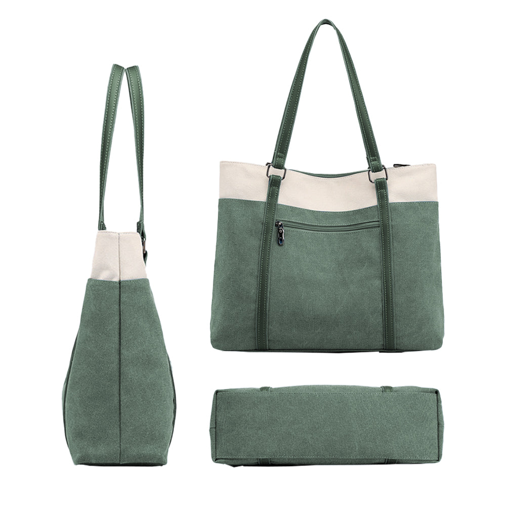 Women Laptop Tote Bag Canvas Handbag 15.6 Inch Work Shoulder Bag - Green