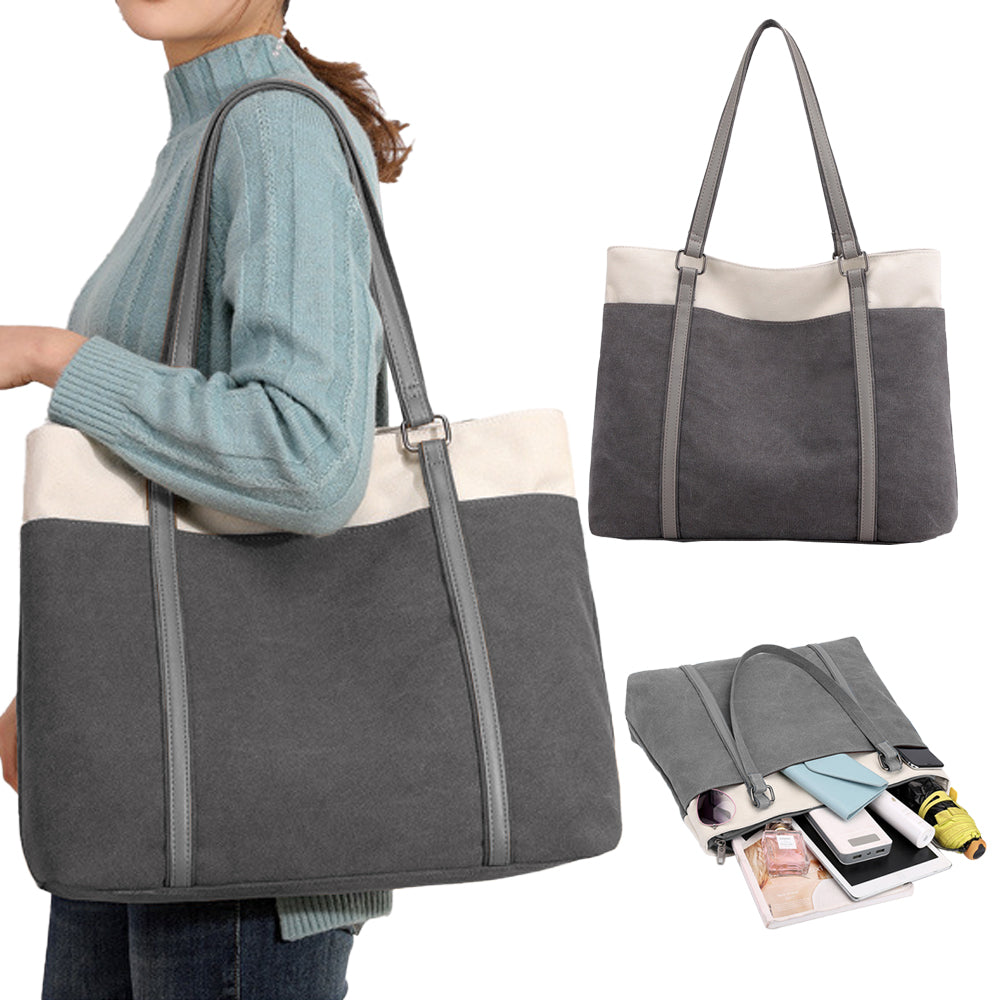 Women Laptop Tote Bag Canvas Handbag 15.6 Inch Work Shoulder Bag - Grey