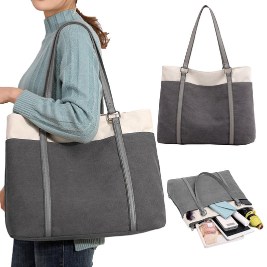 Women Laptop Tote Bag Canvas Handbag 15.6 Inch Work Shoulder Bag - Grey