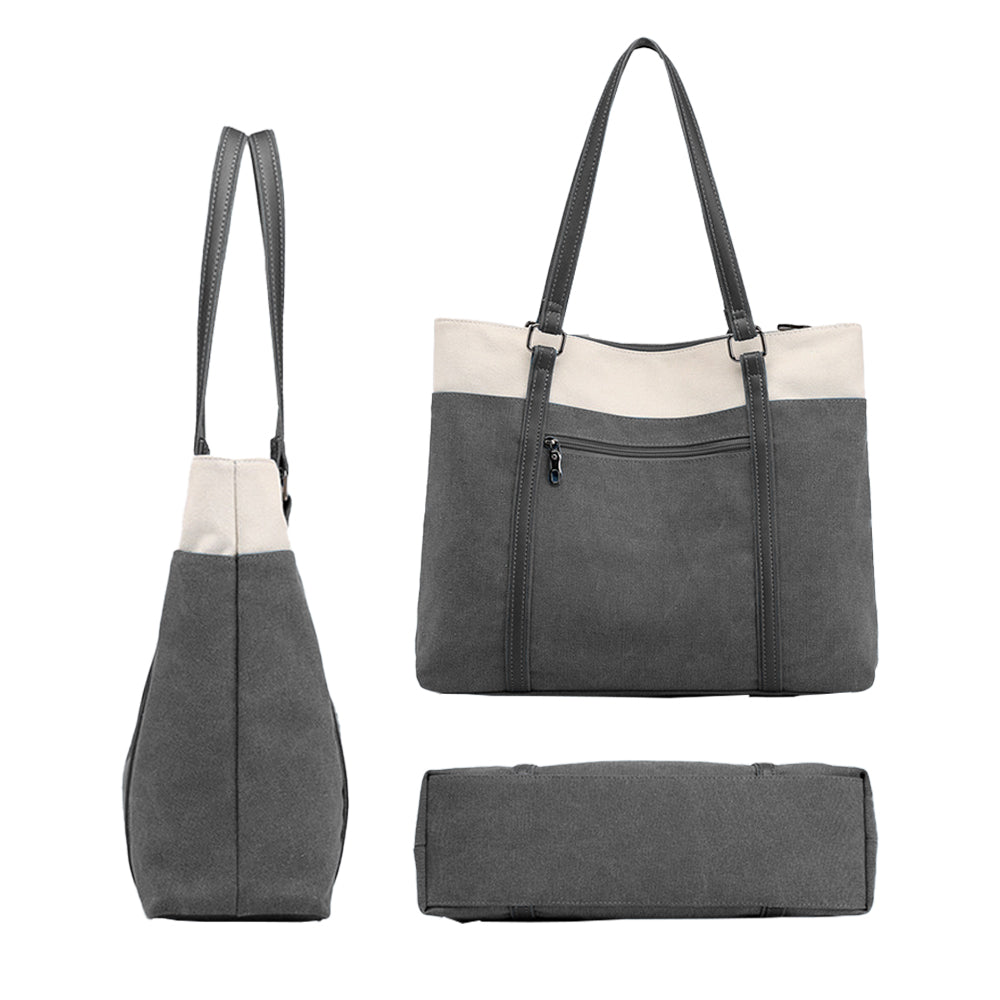 Women Laptop Tote Bag Canvas Handbag 15.6 Inch Work Shoulder Bag - Grey