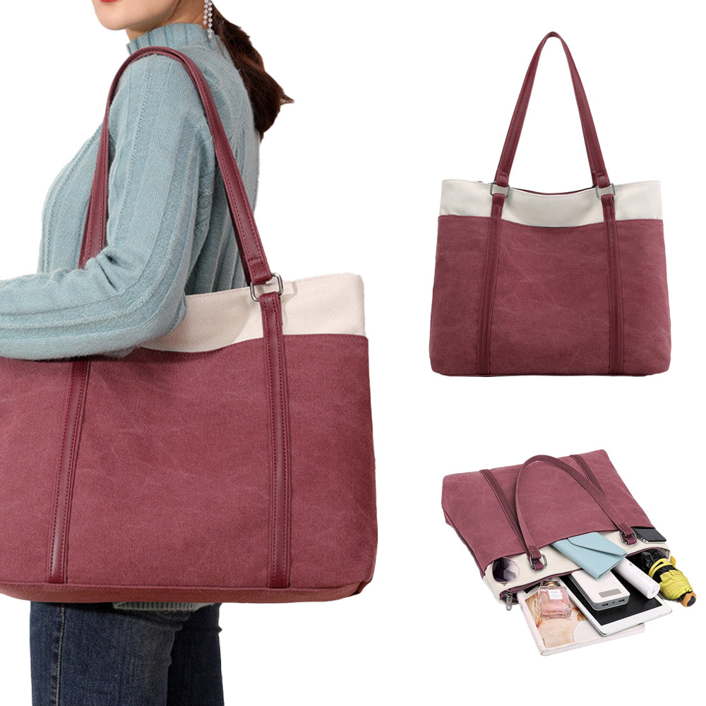 Women Laptop Tote Bag Canvas Handbag 15.6 Inch Work Shoulder Bag - Red