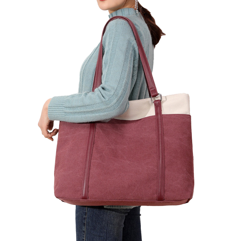 Women Laptop Tote Bag Canvas Handbag 15.6 Inch Work Shoulder Bag - Red