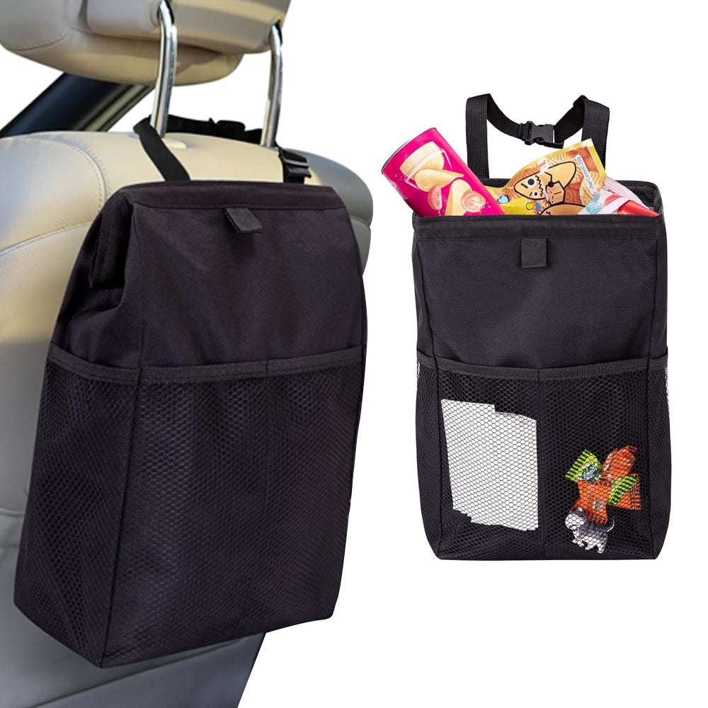 Hanging Car Trash Can with Storage Pockets Multifunctional Oxford Cloth - Black