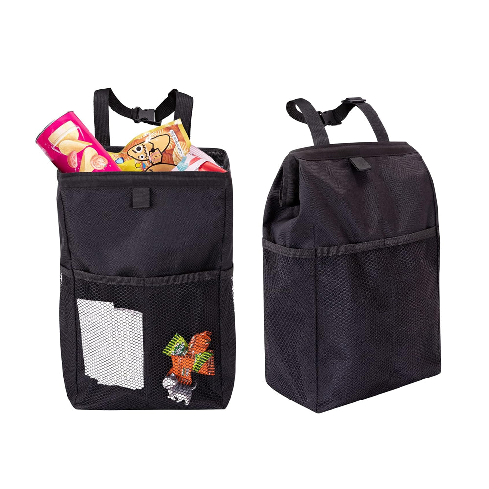 Hanging Car Trash Can with Storage Pockets Multifunctional Oxford Cloth - Black