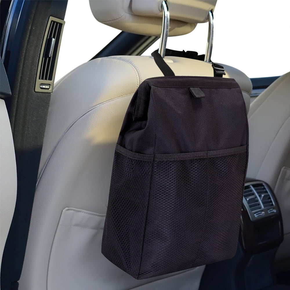 Hanging Car Trash Can with Storage Pockets Multifunctional Oxford Cloth - Black