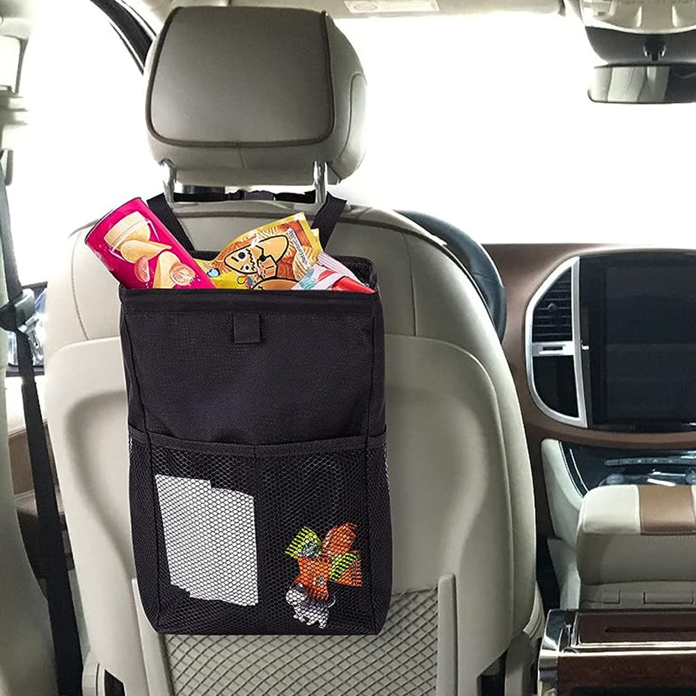 Hanging Car Trash Can with Storage Pockets Multifunctional Oxford Cloth - Black
