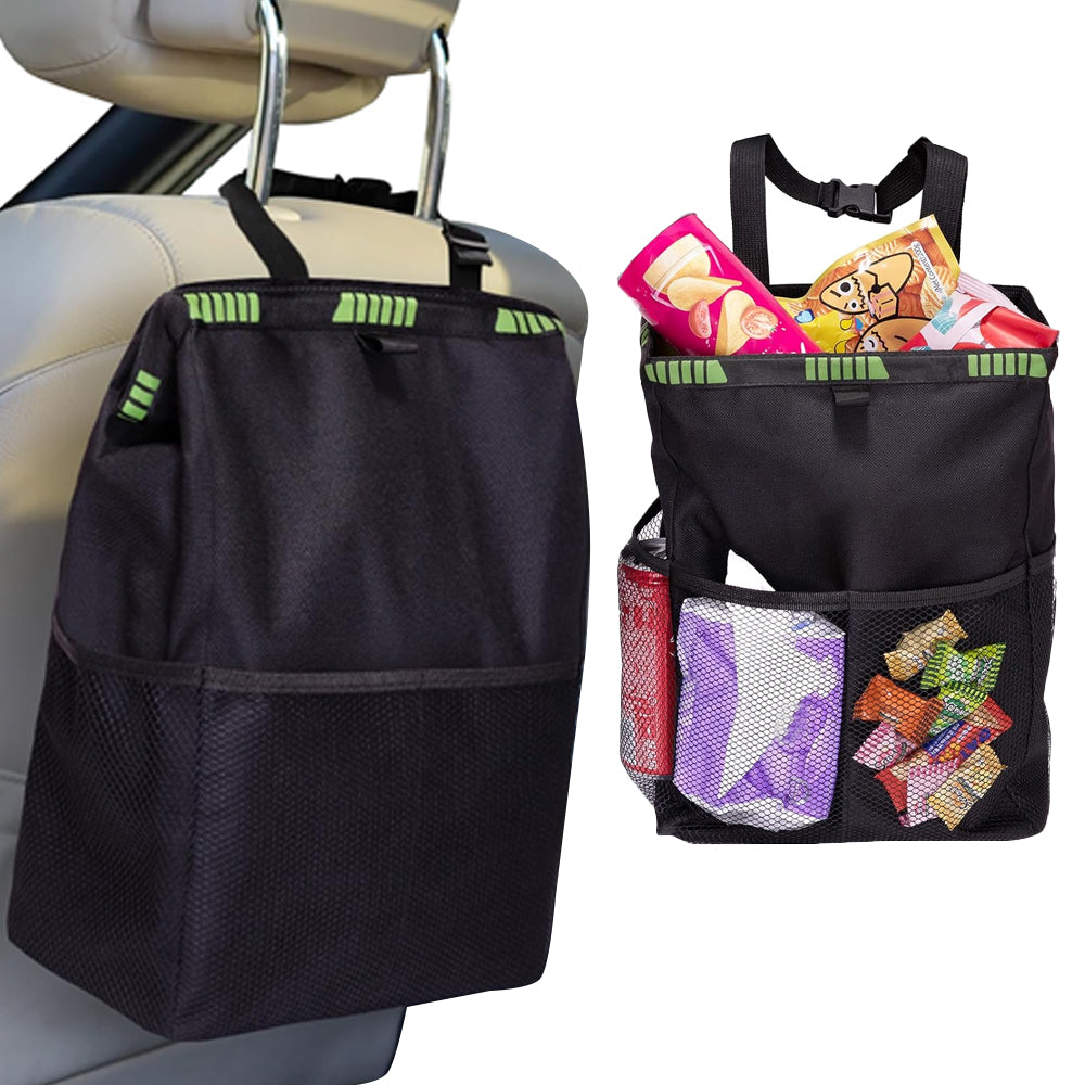 Hanging Car Trash Can with Storage Pockets Multifunctional Oxford Cloth - Green