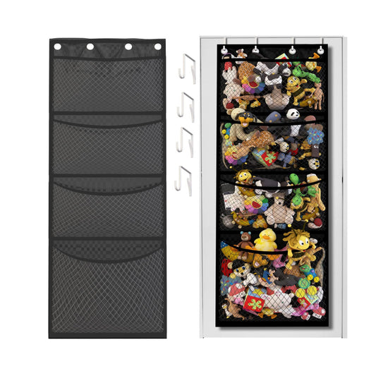 4-Layer Stuffed Animal Storage Hanging Mesh Bag Organizer with Metal Hook-Black