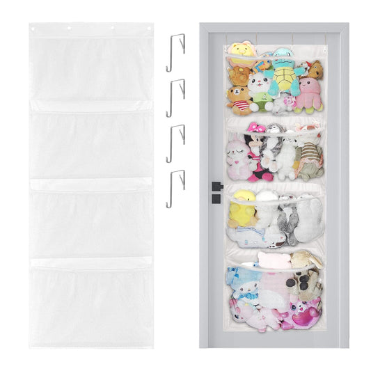 4-Layer Stuffed Animal Storage Hanging Mesh Bag Organizer with Metal Hook-White