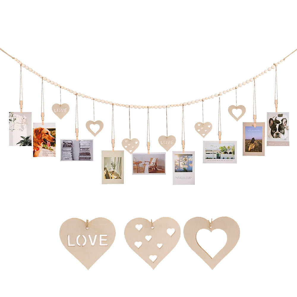 Wall Hanging Photo Display Wooden Beads Garland Photo Holders - A