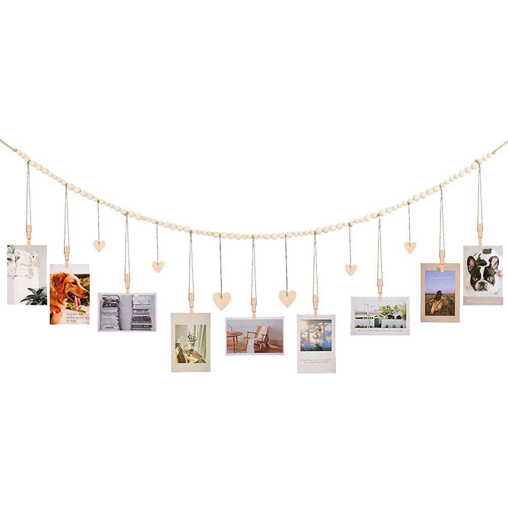 Wall Hanging Photo Display Wooden Beads Garland Photo Holders - B