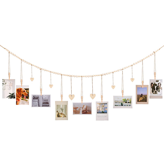 Wall Hanging Photo Display Wooden Beads Garland Photo Holders - B