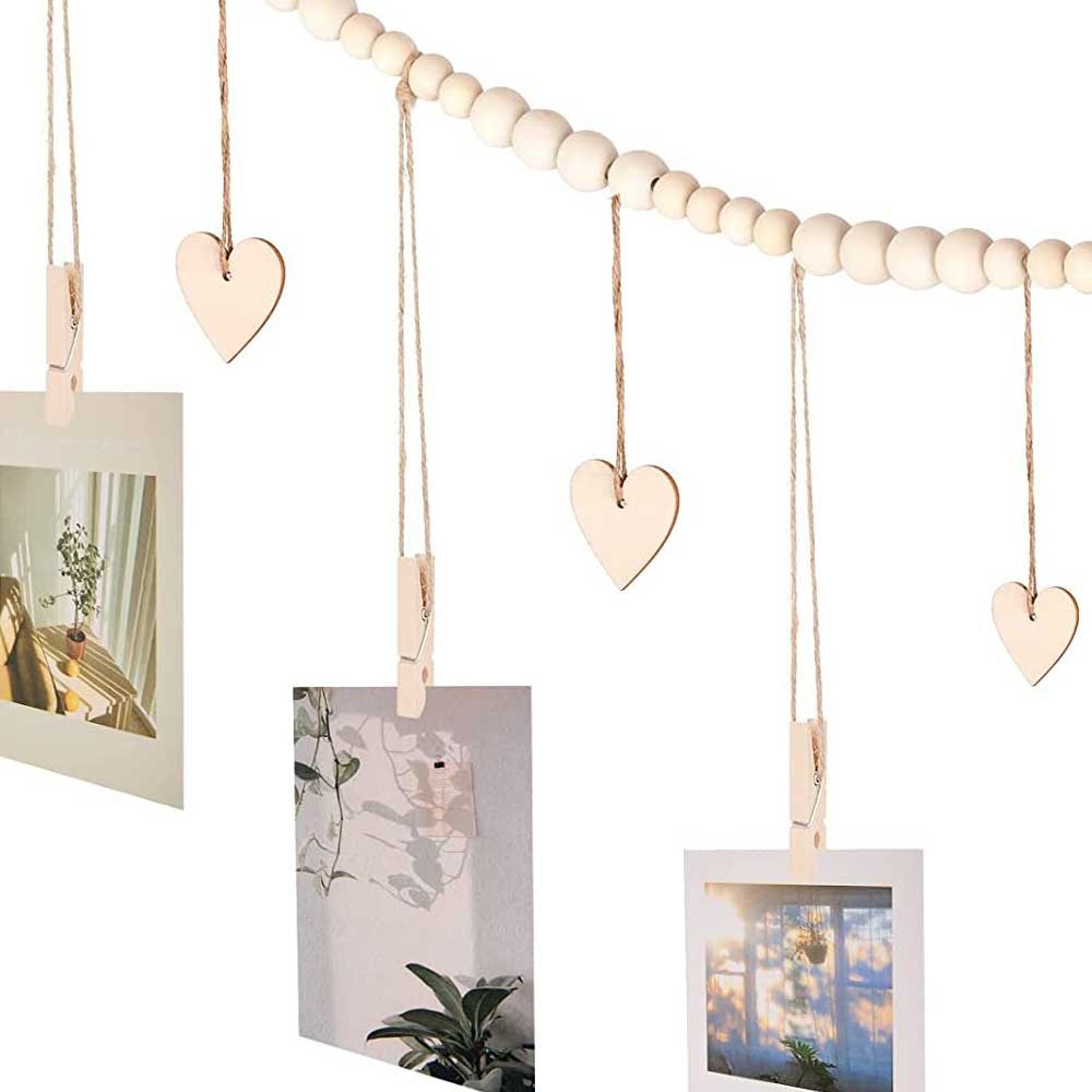 Wall Hanging Photo Display Wooden Beads Garland Photo Holders - B