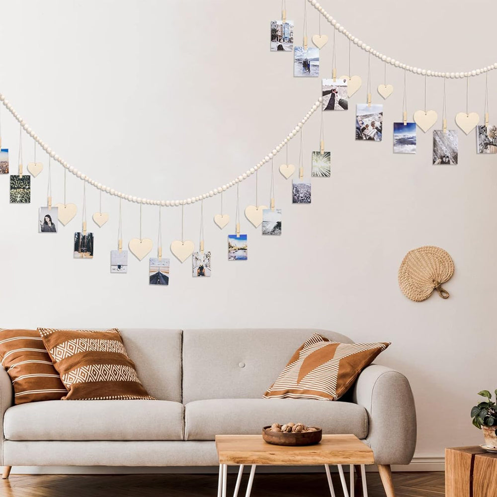 Wall Hanging Photo Display Wooden Beads Garland Photo Holders - B