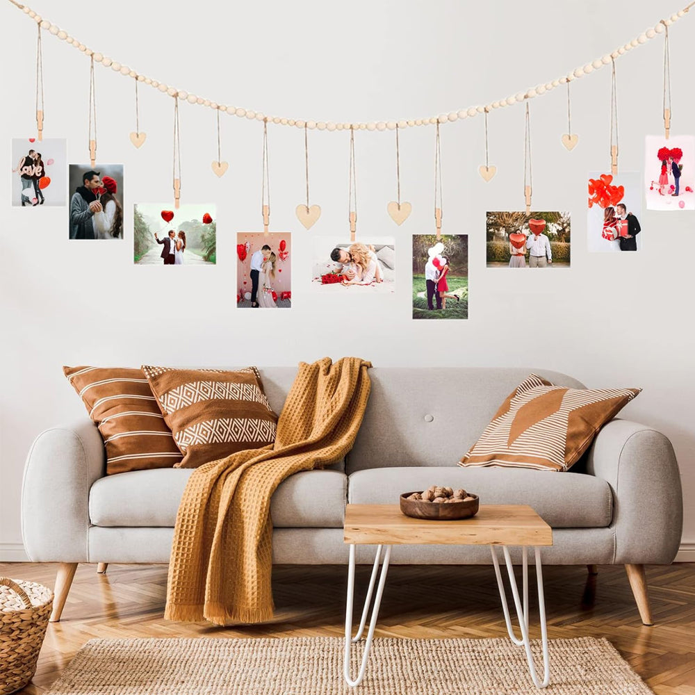 Wall Hanging Photo Display Wooden Beads Garland Photo Holders - A