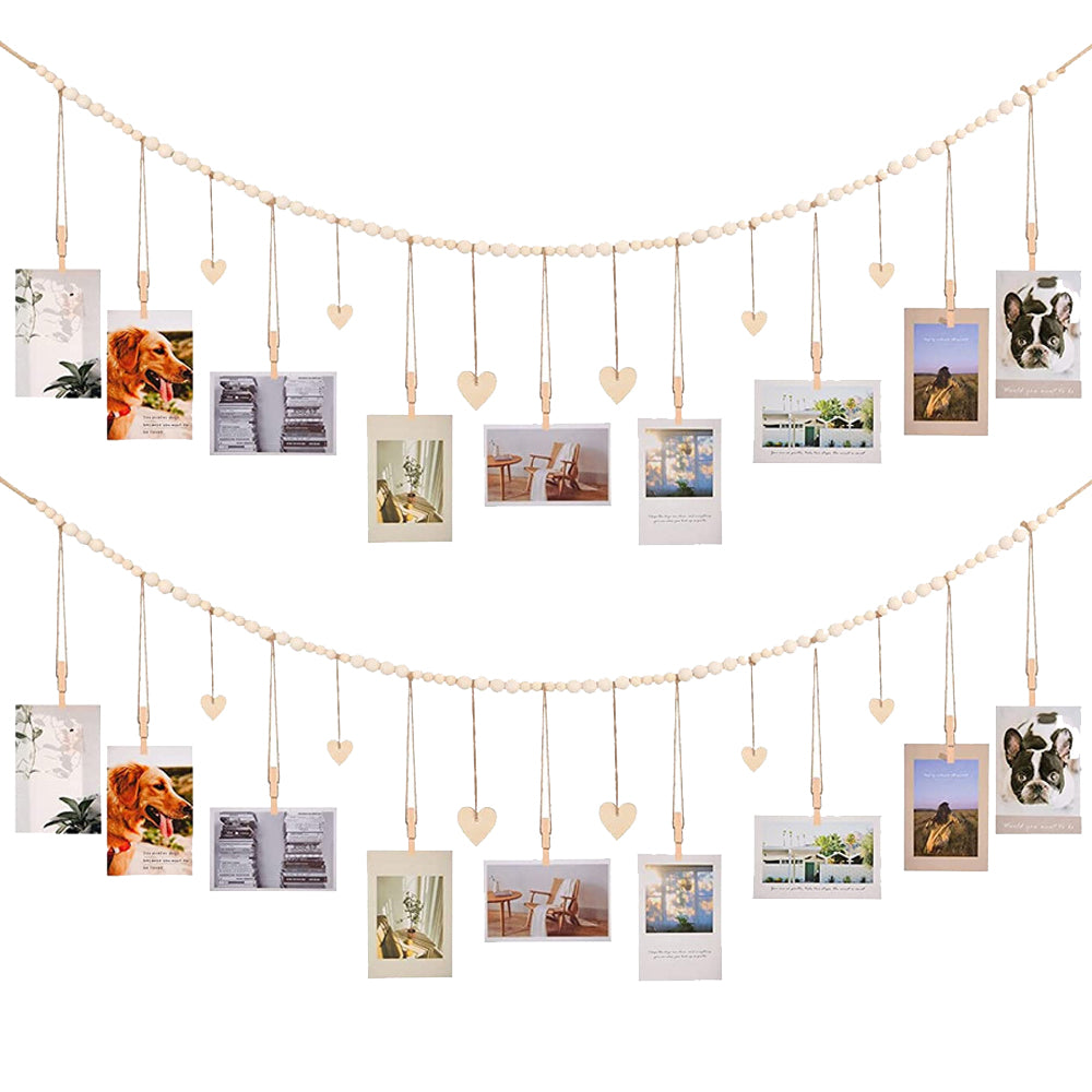 2Pcs Wall Hanging Photo Display Wooden Beads Garland Photo Holders - B