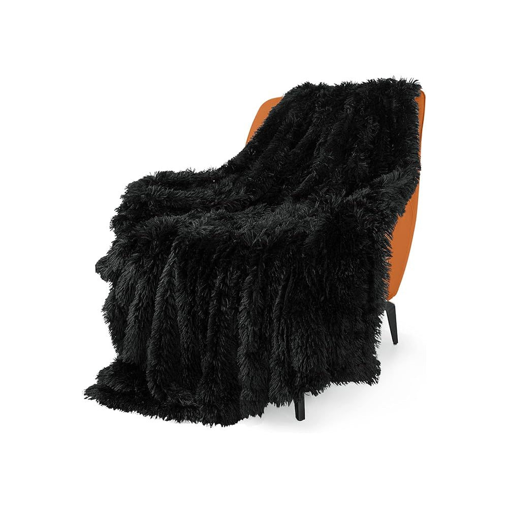 130x160cm Super Soft Faux Fur Throw Blanket Double-Sided Shaggy Blanket - Black