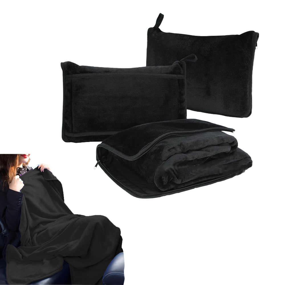 2-in-1 Travel Blanket and Pillow with Hand Luggage Belt and Backpack Clip-Black