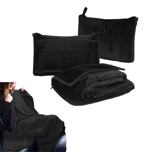 2-in-1 Travel Blanket and Pillow with Hand Luggage Belt and Backpack Clip-Black