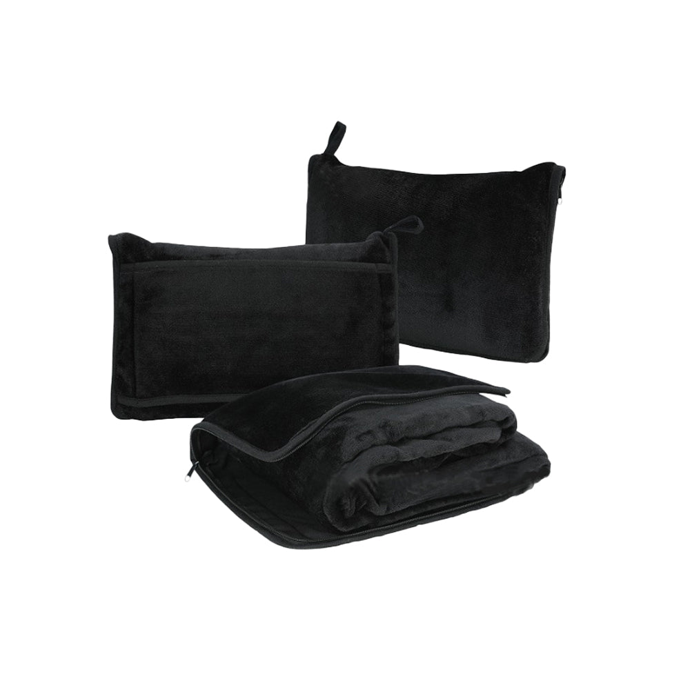 2-in-1 Travel Blanket and Pillow with Hand Luggage Belt and Backpack Clip-Black