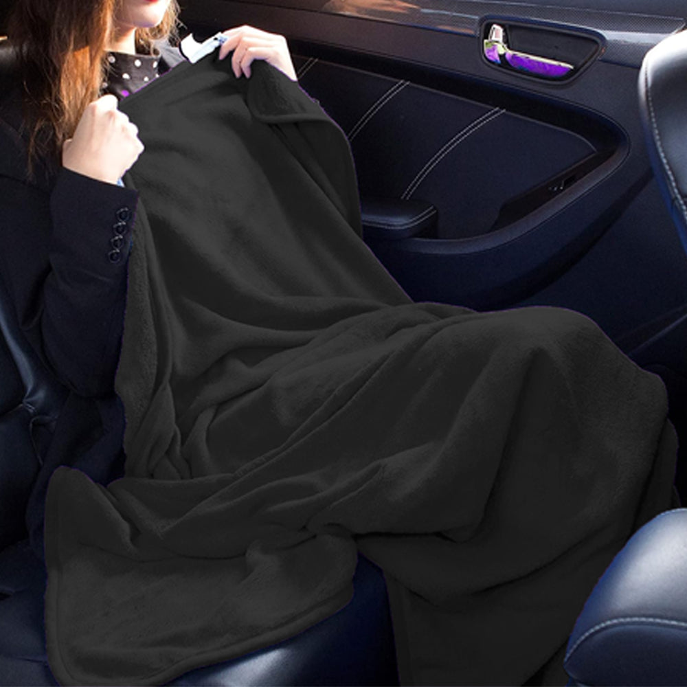 2-in-1 Travel Blanket and Pillow with Hand Luggage Belt and Backpack Clip-Black