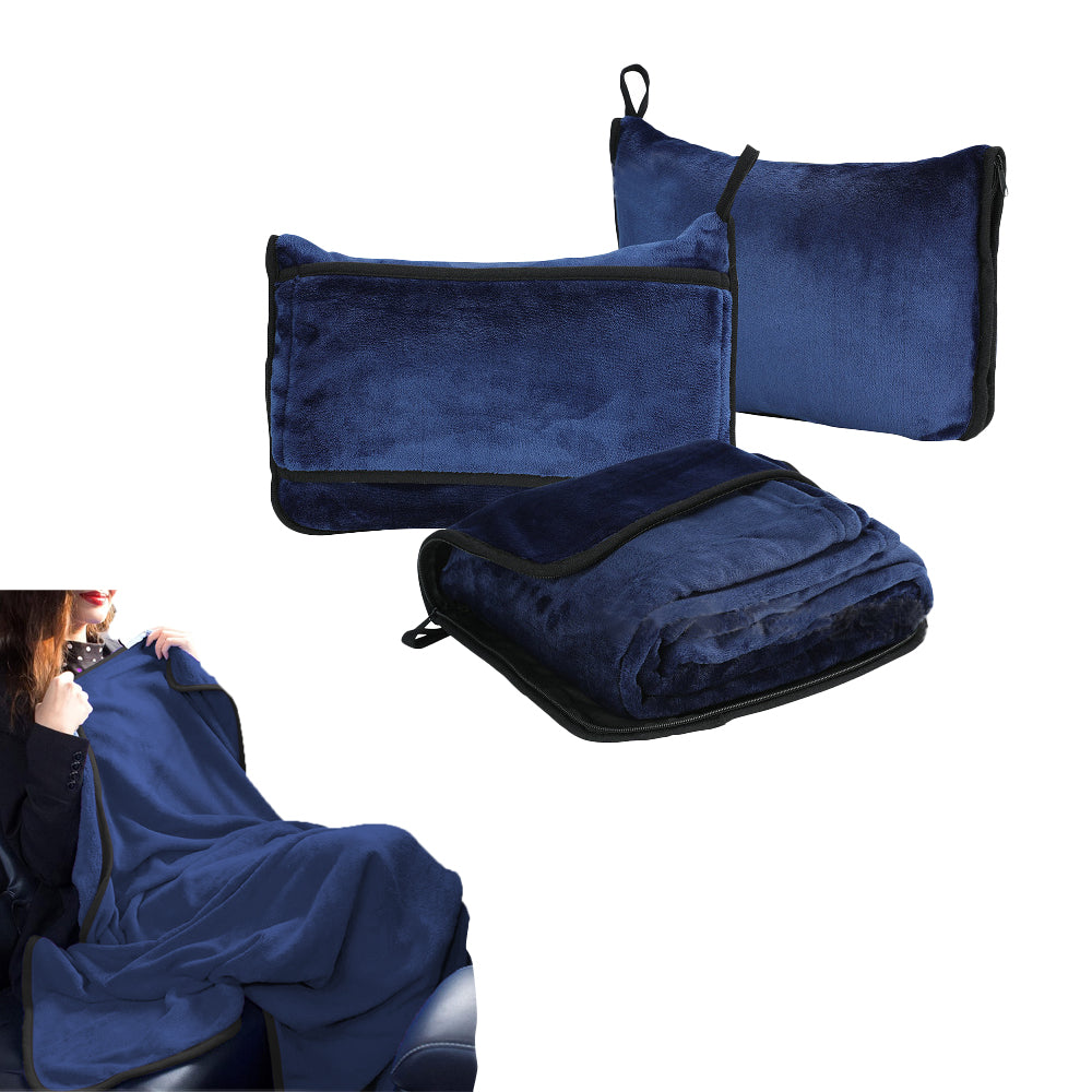 2-in-1 Travel Blanket and Pillow with Hand Luggage Belt and Backpack Clip-Blue