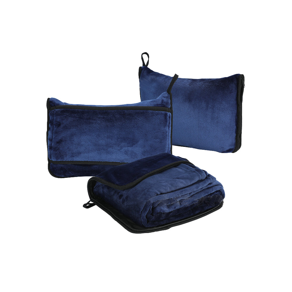 2-in-1 Travel Blanket and Pillow with Hand Luggage Belt and Backpack Clip-Blue