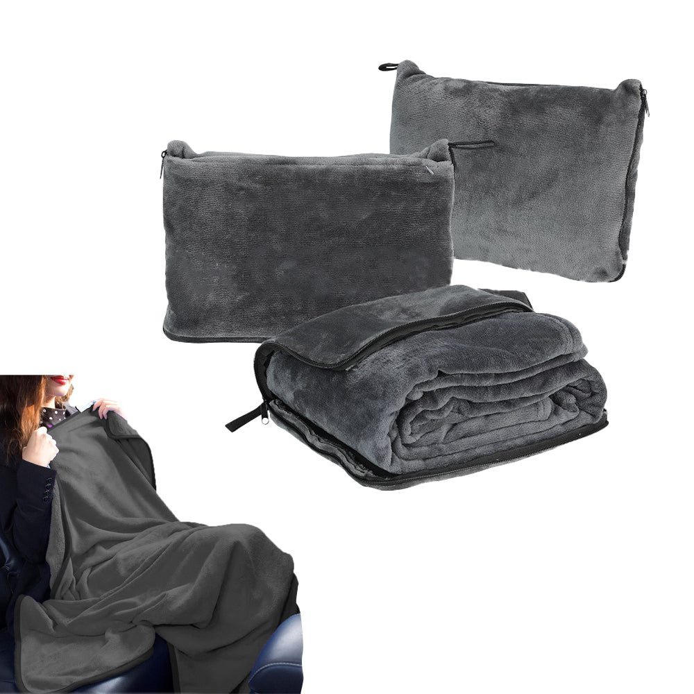 2-in-1 Travel Blanket and Pillow with Hand Luggage Belt and Backpack Clip-Grey