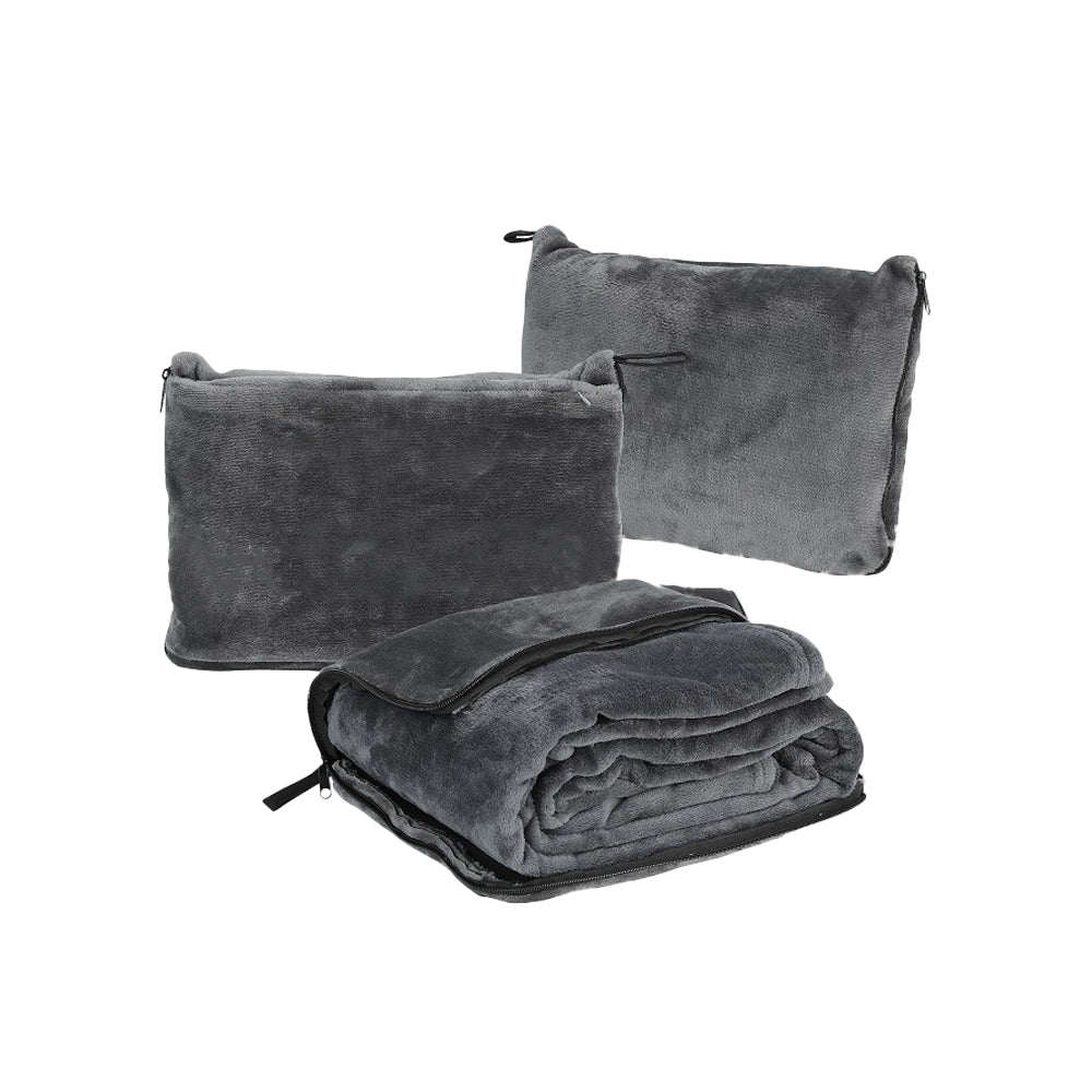 2-in-1 Travel Blanket and Pillow with Hand Luggage Belt and Backpack Clip-Grey