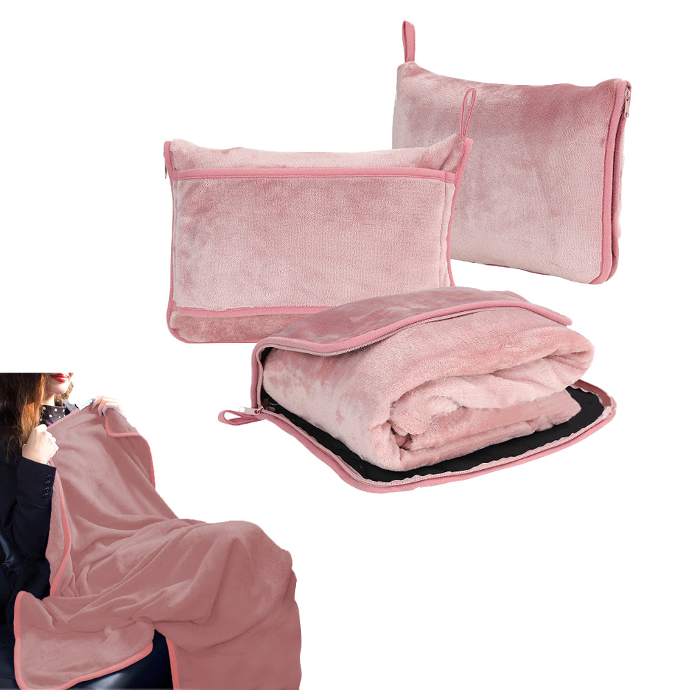 2-in-1 Travel Blanket and Pillow with Hand Luggage Belt and Backpack Clip-Pink