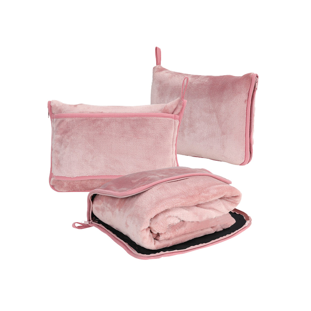 2-in-1 Travel Blanket and Pillow with Hand Luggage Belt and Backpack Clip-Pink