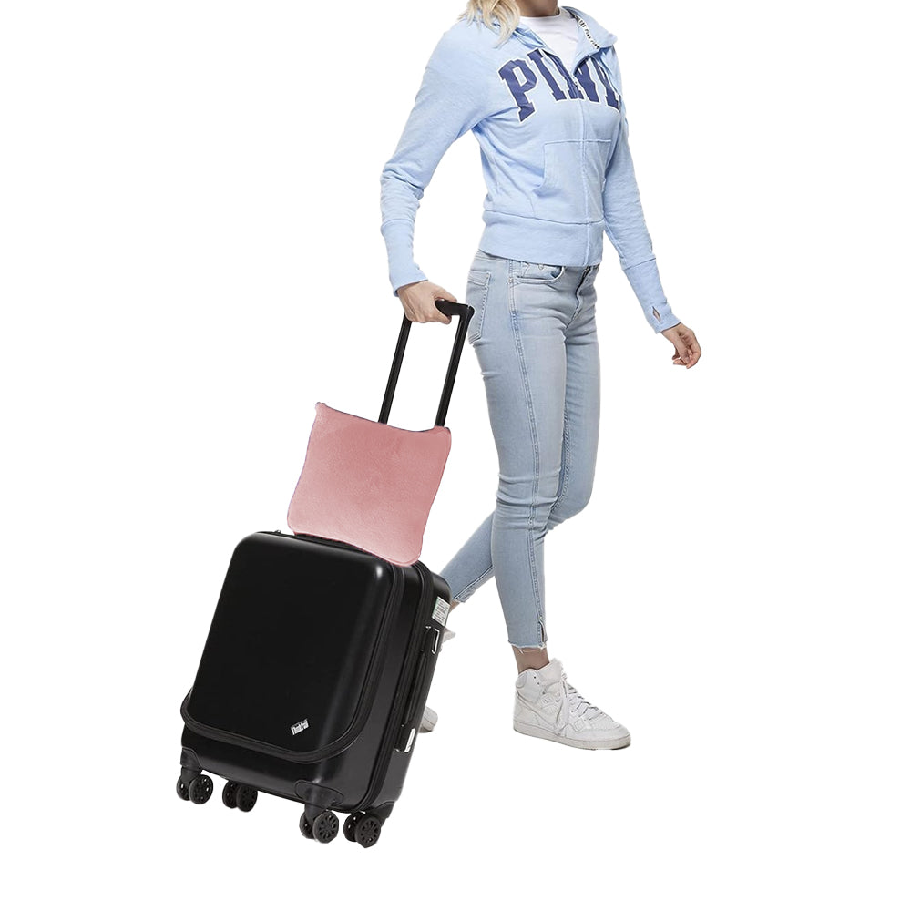 2-in-1 Travel Blanket and Pillow with Hand Luggage Belt and Backpack Clip-Pink