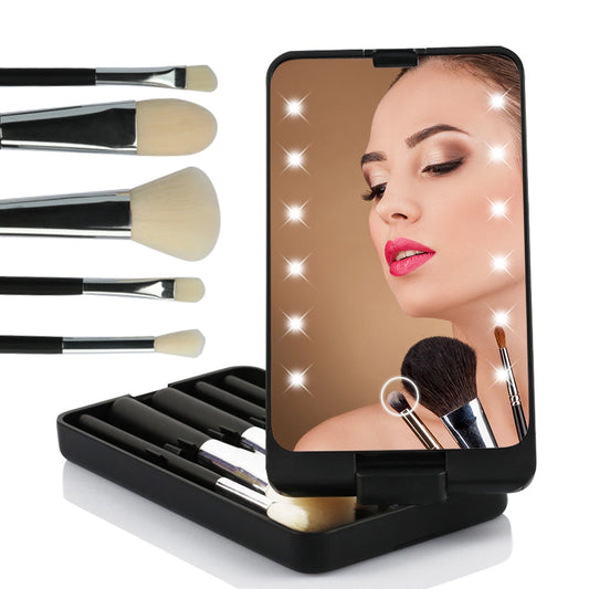 Compact LED Makeup Mirror with Cosmetic Brush and Holder Black