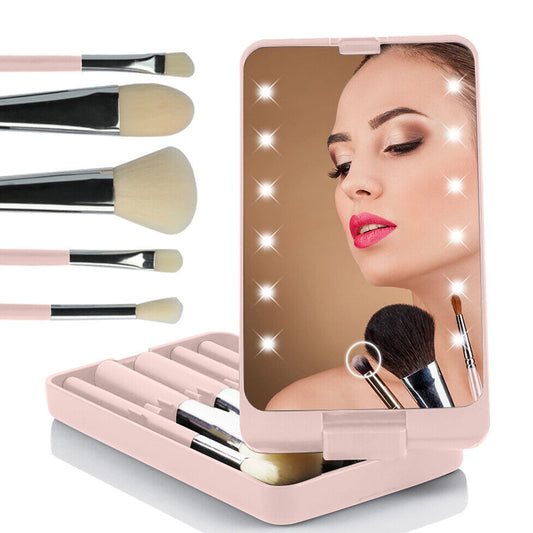 Compact LED Makeup Mirror with Cosmetic Brush and Holder Pink
