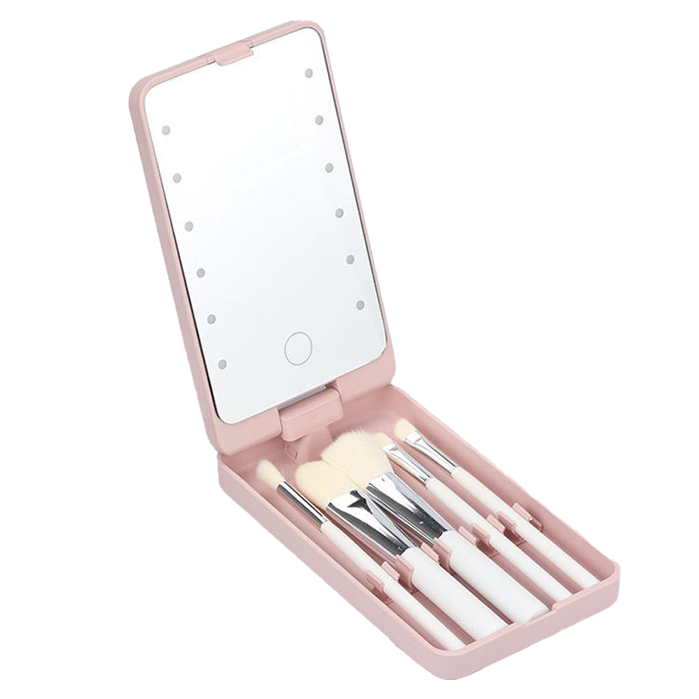 Compact LED Makeup Mirror with Cosmetic Brush and Holder Pink