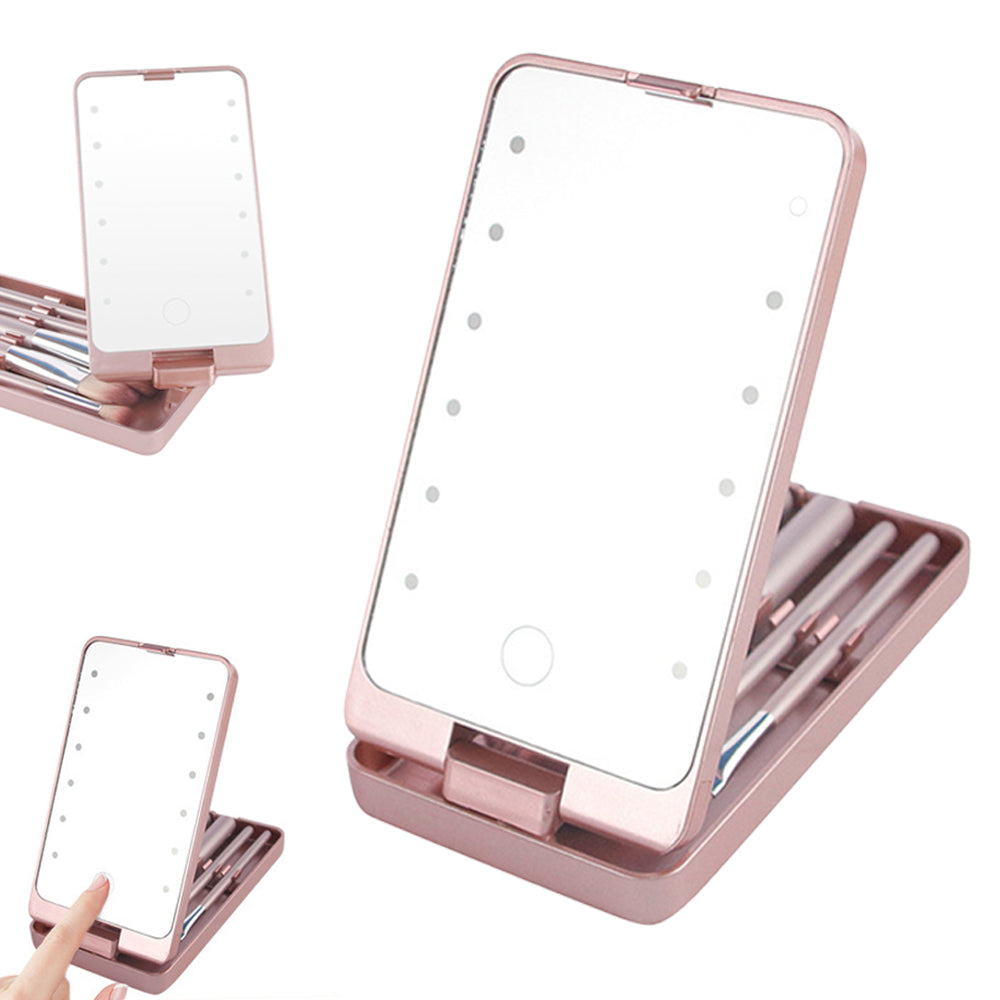 Compact LED Makeup Mirror with Cosmetic Brush and Holder Pink