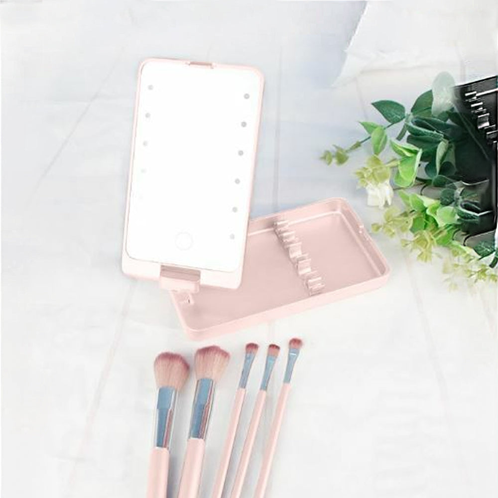 Compact LED Makeup Mirror with Cosmetic Brush and Holder Pink
