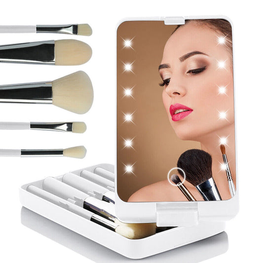 Compact LED Makeup Mirror with Cosmetic Brush and Holder White