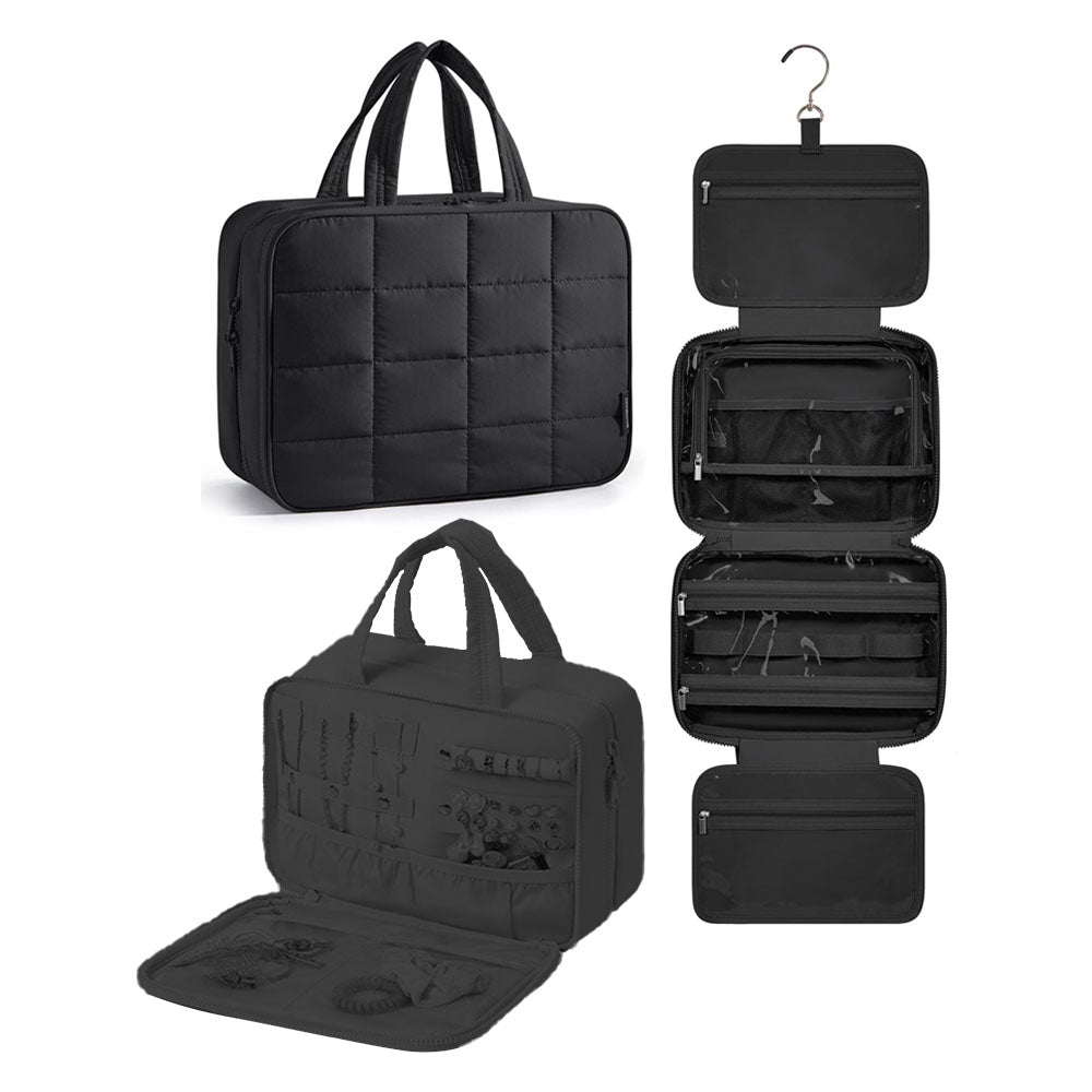 Travel Toiletry Bag Makeup Bag Cosmetic Organizer with Jewelry Organizer - Black