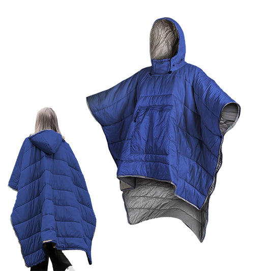 Camping Thermal Poncho Sleeping Bag Wearable Hooded Blanket - Dark Blue