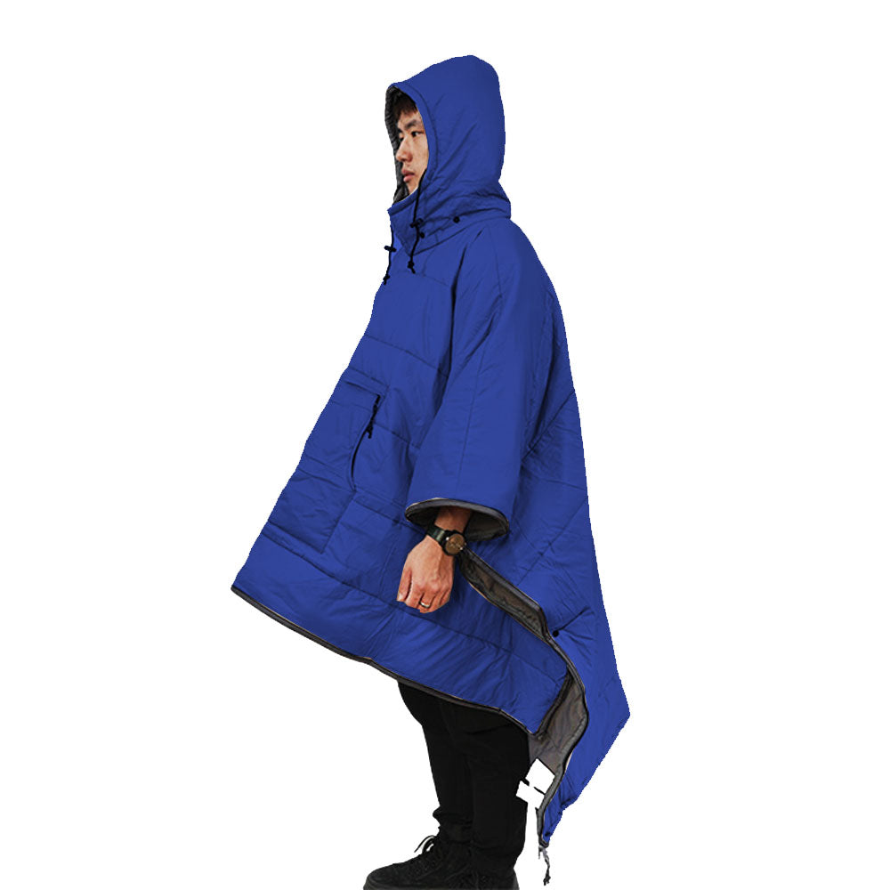 Camping Thermal Poncho Sleeping Bag Wearable Hooded Blanket - Dark Blue