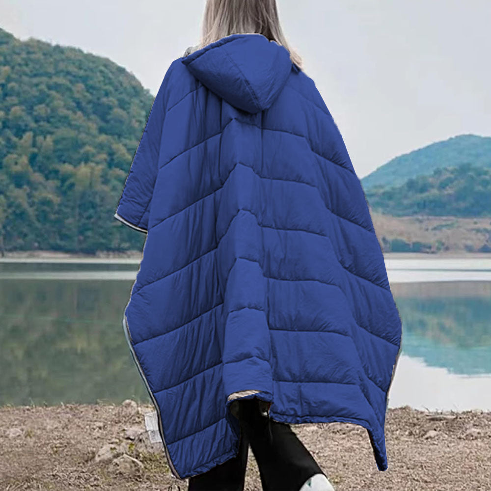 Camping Thermal Poncho Sleeping Bag Wearable Hooded Blanket - Dark Blue
